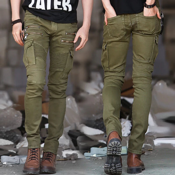 Slim Fit Distressed Biker Jeans for Men - Trendy Hiphop Cargo Denim Pants with Zipper Fly and Patchwork Design for a Stylish Dark Denim Look